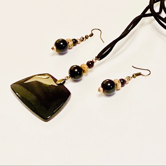 Unique BLACK AGATE Stone w/ Tan Picture Jasper Necklace & Matching Earrings Set - Picture 5 of 9